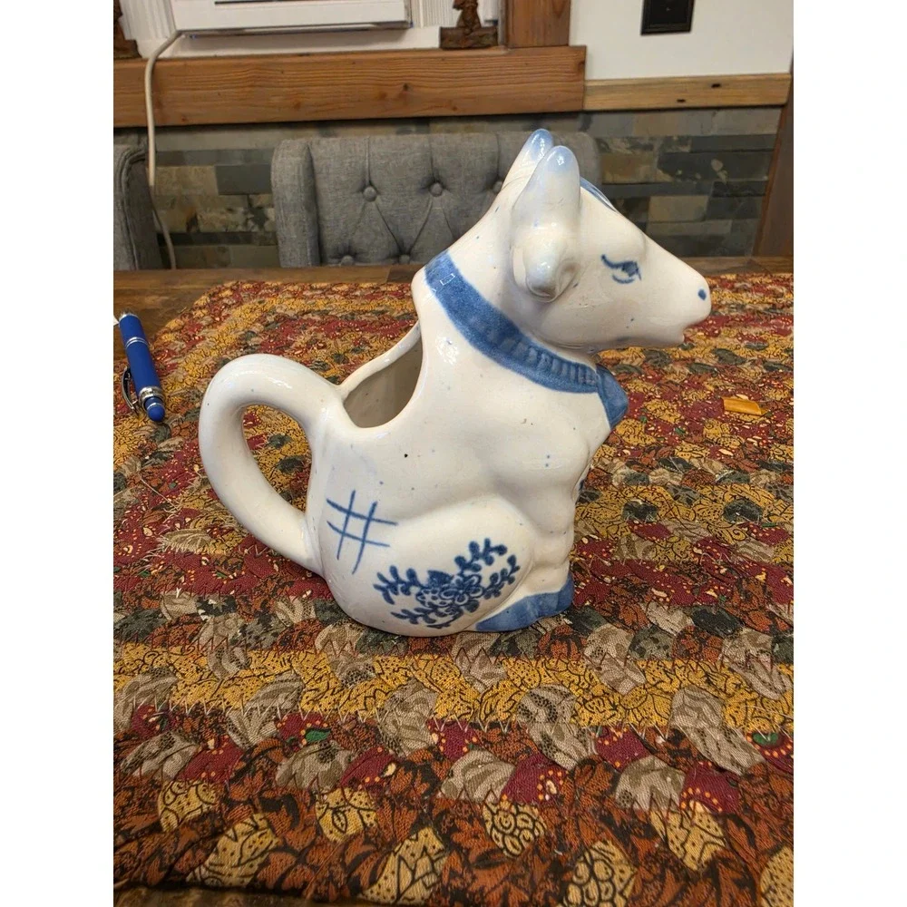 Vintage Blue and White Ceramic Cow Creamer Delft Style Farmhouse Pitcher 5 Inch